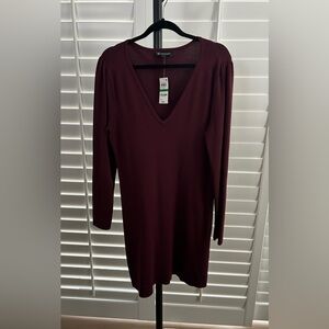 Burgundy V-Neck Sweater Dress
